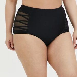 BLACK LATTICE MESH INSET HIGH WAIST SWIM BOTTOM